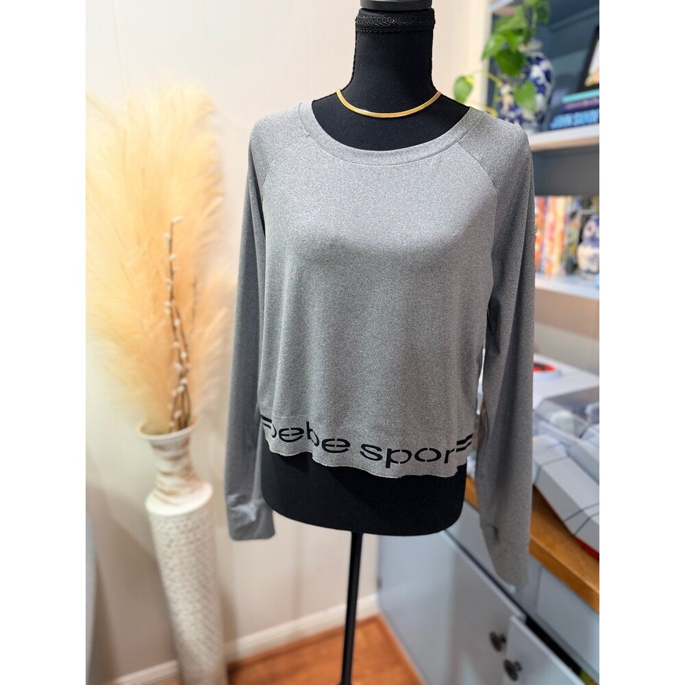 Bebe Sport Gray Cropped Long Sleeve Top Raglan Scoop Neck Logo M